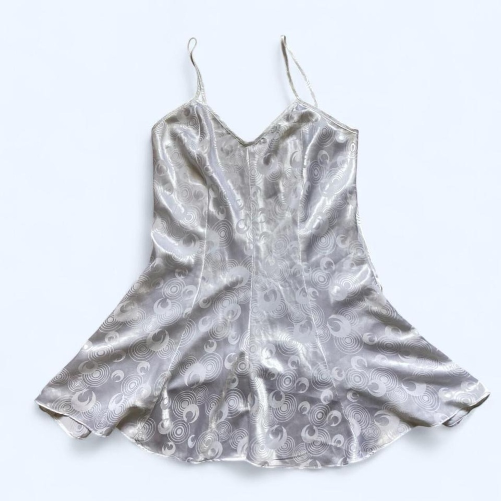 White silvery slip dress with swirl pattern